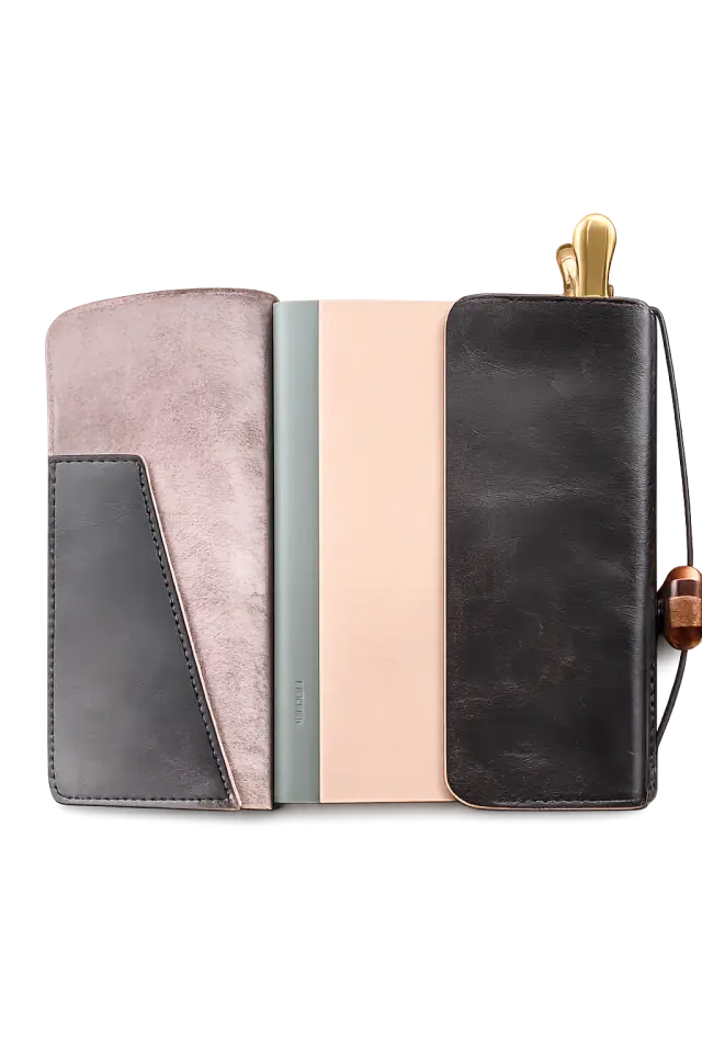 Journal abierto: interior de cuero con bolsillos y cuadernos